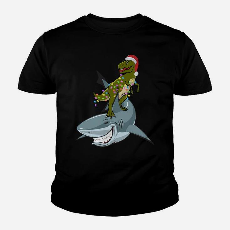 Christmas T-Rex With Xmas Lights Rinding A Shark Gift Funny Sweatshirt Youth T-shirt
