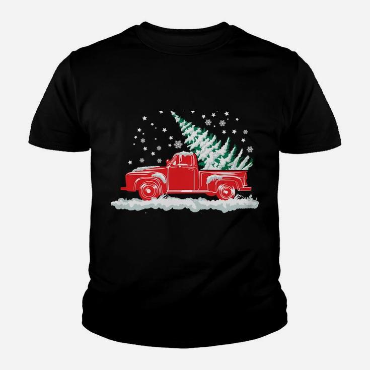 Christmas Tree In Back Of Old Red Pick Up Truck Snowing Youth T-shirt