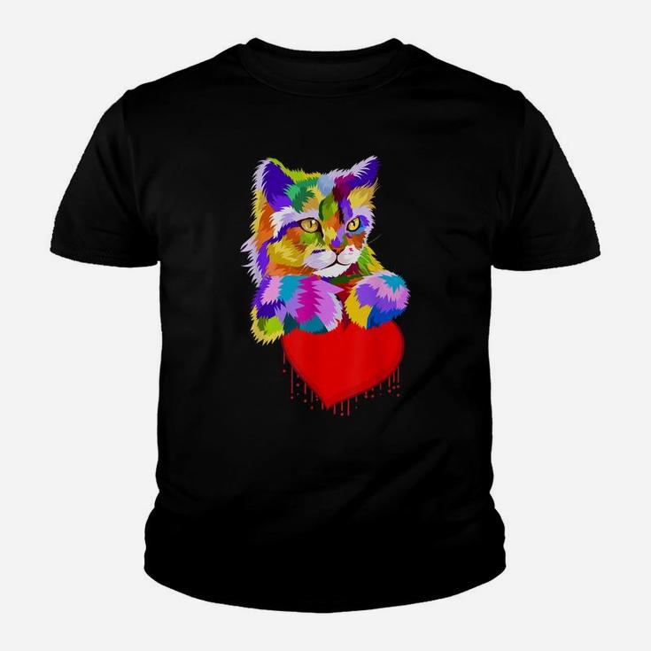 Colorful Cat For Kitten Lovers Kitty Adoption Dripping Heart Youth T-shirt