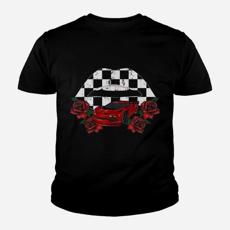 Cool Checkered Lips Kiss Red Rose Flower Car Racing Party Youth T-shirt