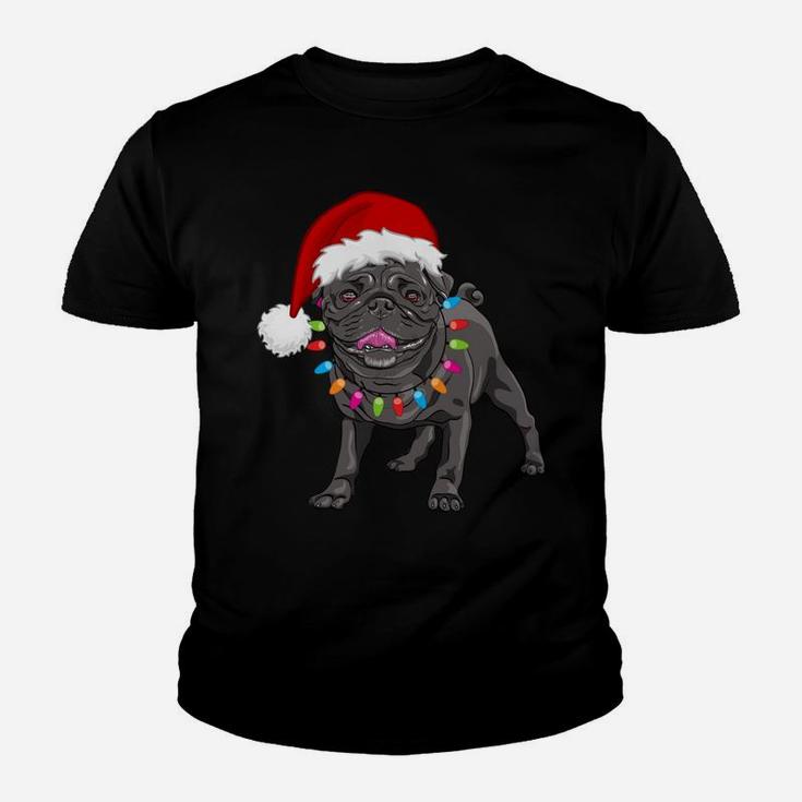 Cute Black Pug Christmas Tree Lights Santa Dog Xmas Funny Youth T-shirt