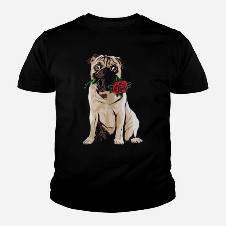 Cute Pug Holding Red Rose Valentines Day Pugs Youth T-shirt