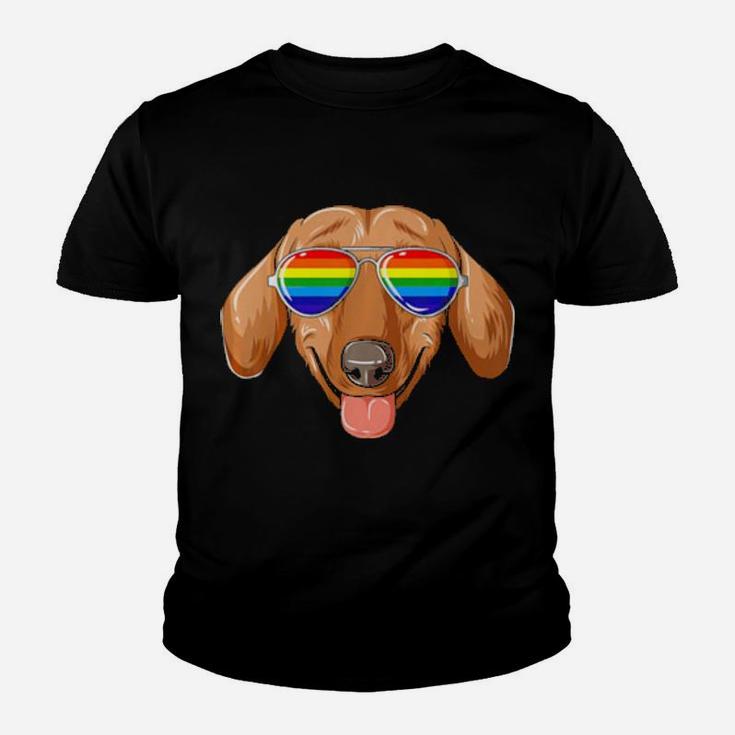 Dachshund Gay Pride Flag Lgbt Rainbow Sunglasses Youth T-shirt