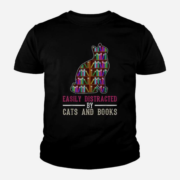 Easily Distracted By Cats And Books Funny Sarcastic Youth T-shirt