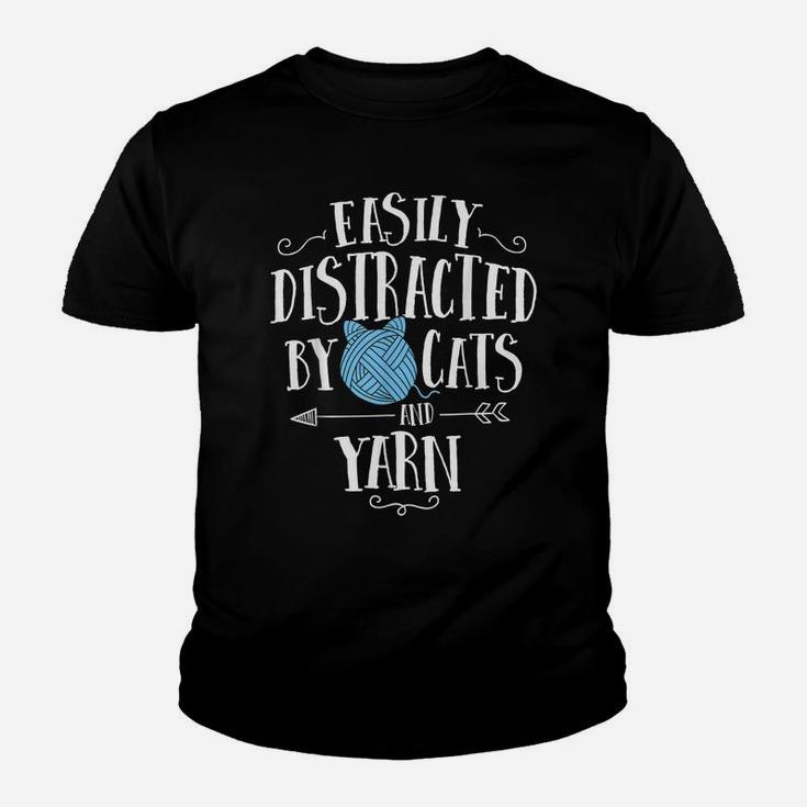 Easily Distracted By Cats And Yarn Knitting Yarn Crochet Youth T-shirt