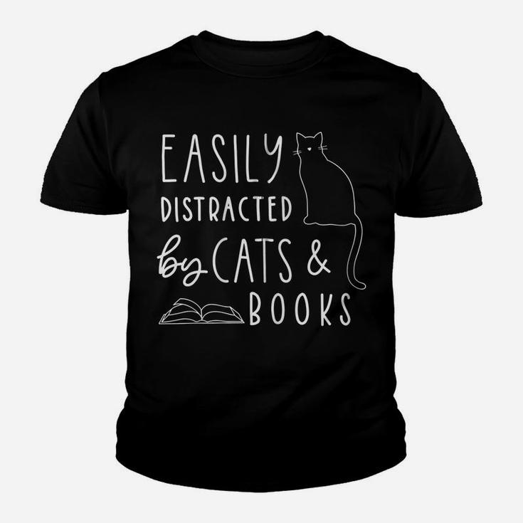 Easily Distracted Cats And Books Funny Gift For Cat Lovers Zip Hoodie Youth T-shirt