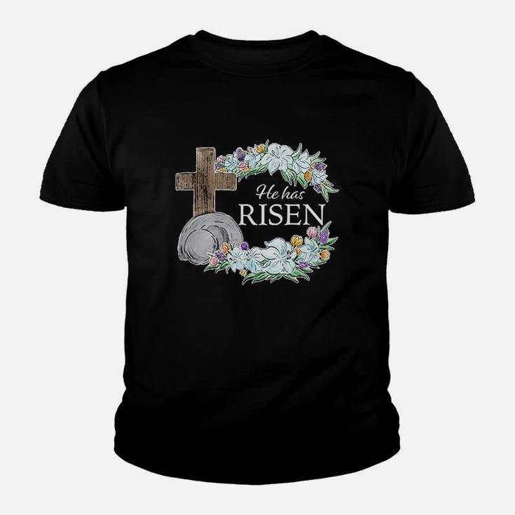 Easter He Has Risen With Cross And Flowers Youth T-shirt