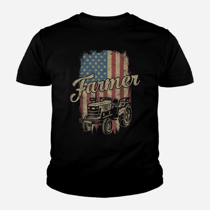 Farmer American Flag Retro Farming Tractor Usa Patrioticic Youth T-shirt