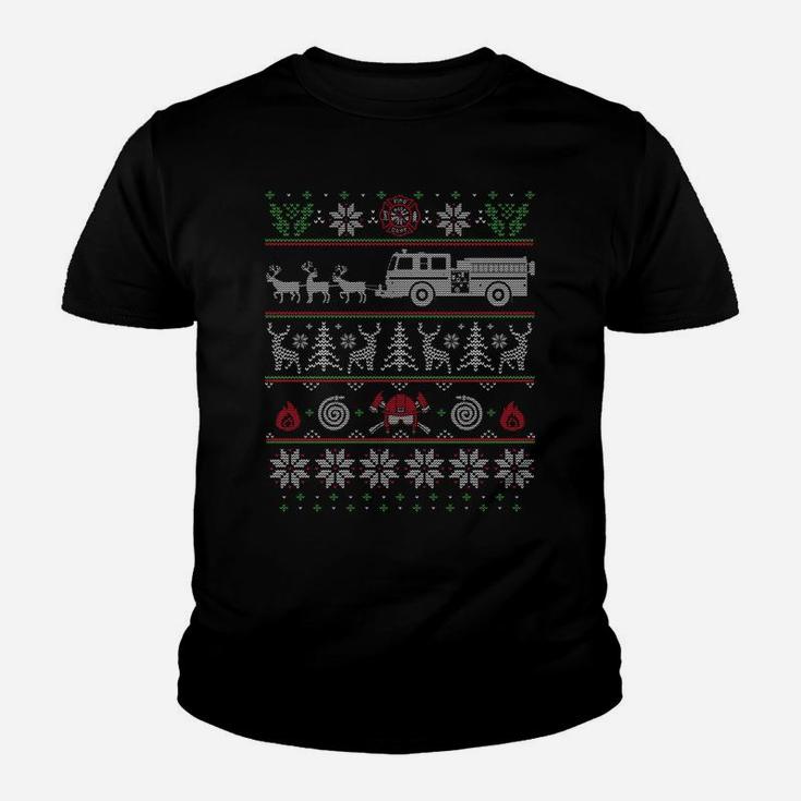 Firefighter Fire Truck Pulled By Reindeer Ugly Christmas Youth T-shirt