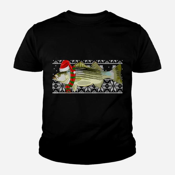 Fish Xmas Santa Hat Striped Bass Ugly Christmas Youth T-shirt