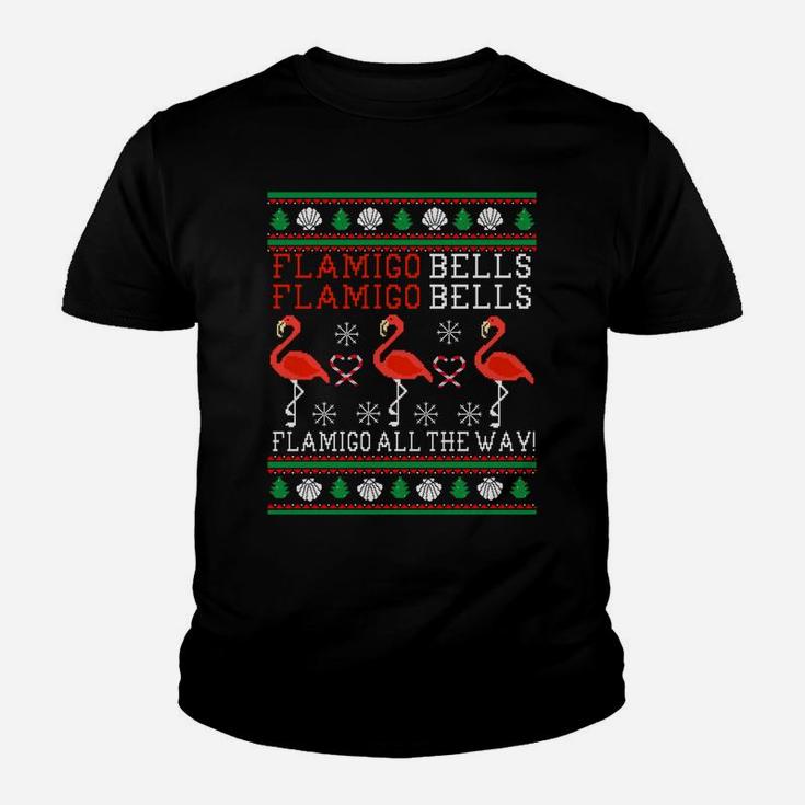Flamingo Bells All The Way Ugly Christmas Funny Holiday Sweatshirt Youth T-shirt