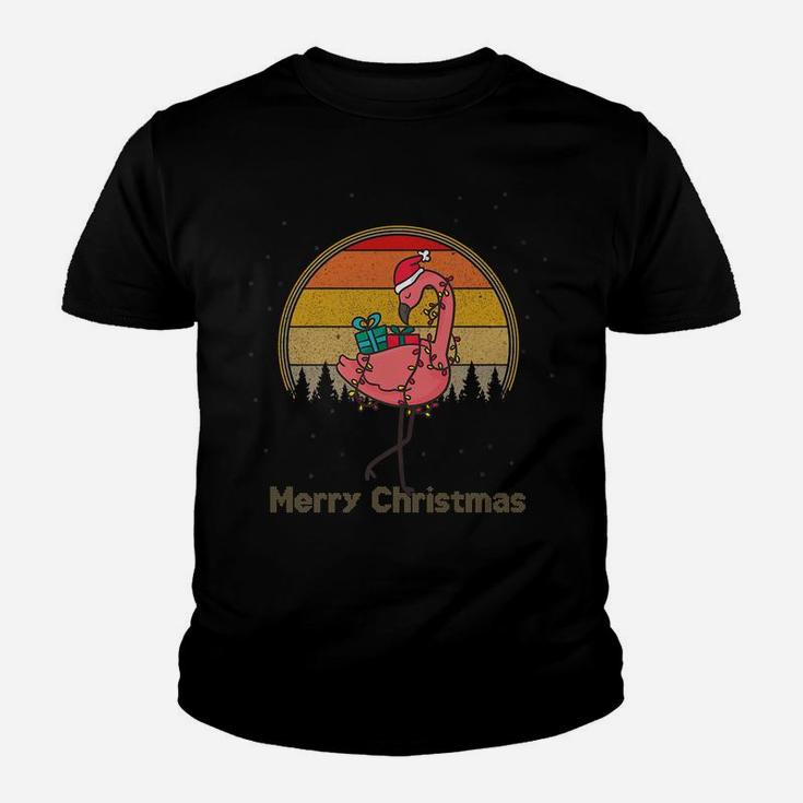 Flamingo Christmas On Vintage Sunset Santa Hat Merry Xmas Youth T-shirt