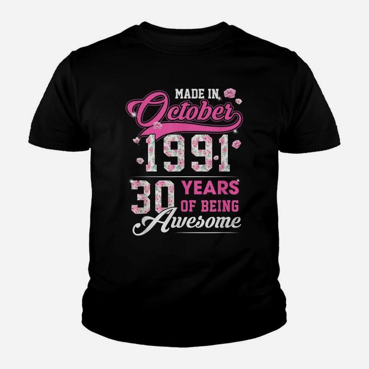 Flower 30Th Birthday 30 Years Old Made In October 1991 Youth T-shirt