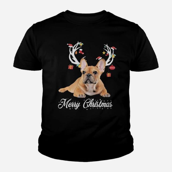 French Bulldog Reindeer Horns Merry Xmas Dog Lover Gift Youth T-shirt