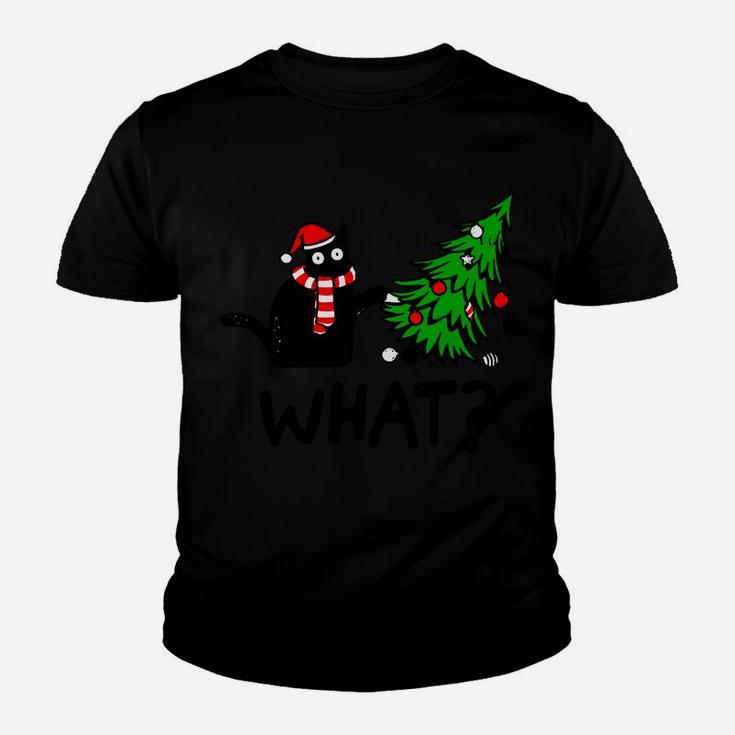 Funny Black Cat Gift Pushing Christmas Tree Over Cat What Youth T-shirt