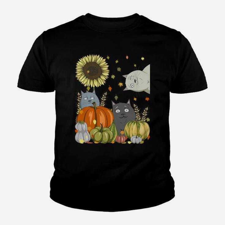 Funny Cats & Pumpkin Sunflower Fall Cat Lovers Thanksgiving Youth T-shirt