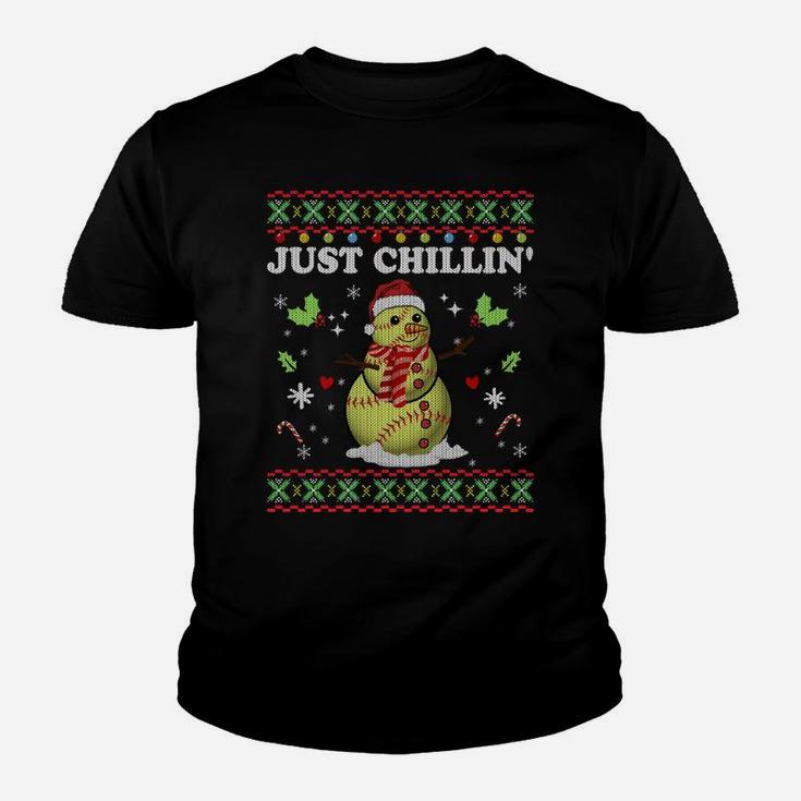 Funny Chillin' Snowman Softball Ball Ugly Christmas Sweater Sweatshirt Youth T-shirt