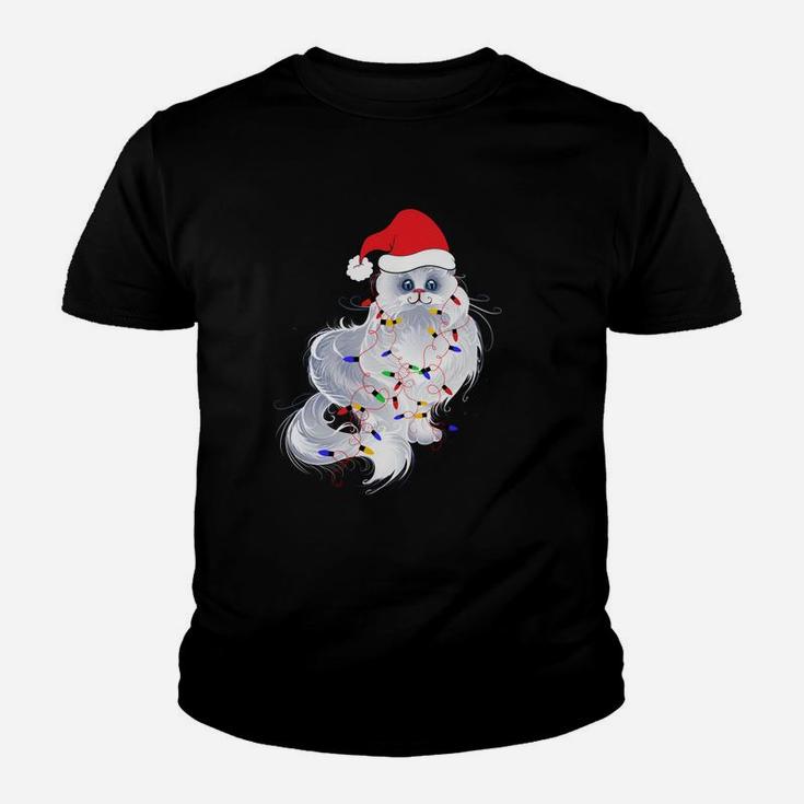Funny Xmas Persian Cat Christmas Lights Santa Claus Hat Gift Sweatshirt Youth T-shirt