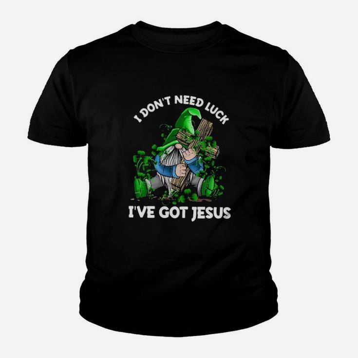Gnome Hug Cross I Dont Need Luck Ive Got Jesus Youth T-shirt
