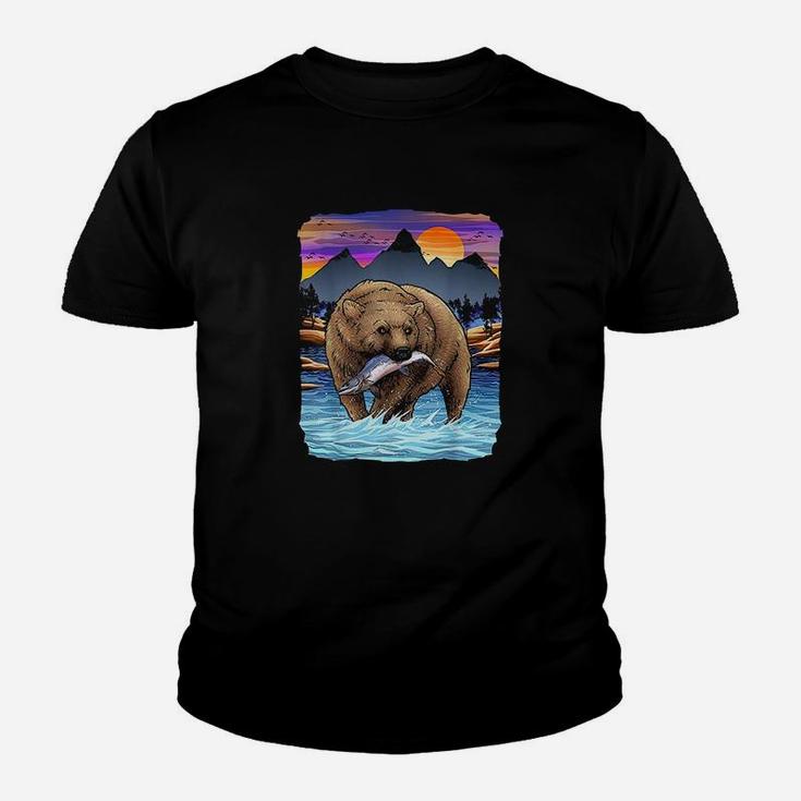 Grizzly Bear Catching Salmon Alaska  Fishing Nature Lover Youth T-shirt