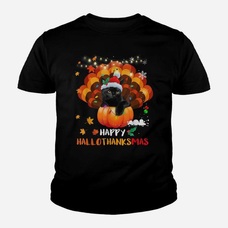 Happy Hallothanksmas Pumpkin Turkey Black Cat Lovers Gifts Youth T-shirt