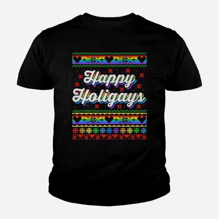 Happy Holigays Funny Lgbtq Pride Ugly Christmas Youth T-shirt