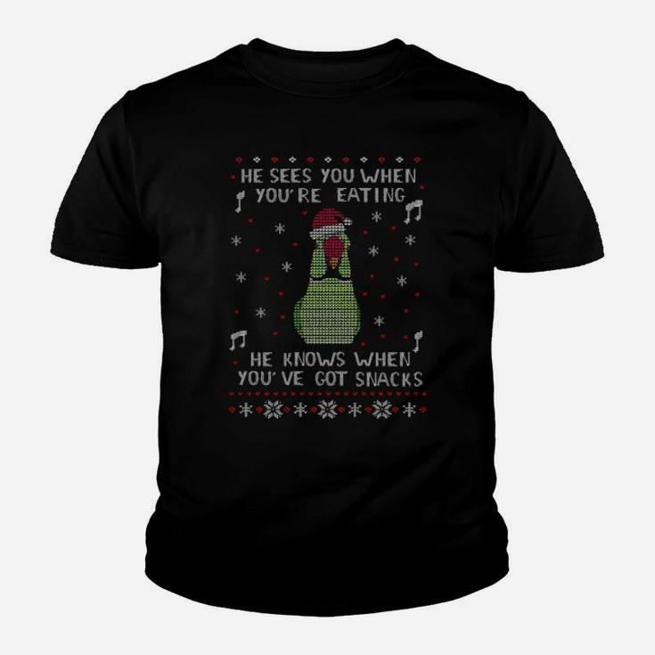 He Sees You When You're Eating He Knows When You've Got Snacks Ugly Xmas Youth T-shirt