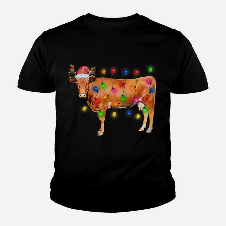 Heifer Cow Christmas Lights Funny Santa Hat Merry Christmas Raglan Baseball Tee Youth T-shirt