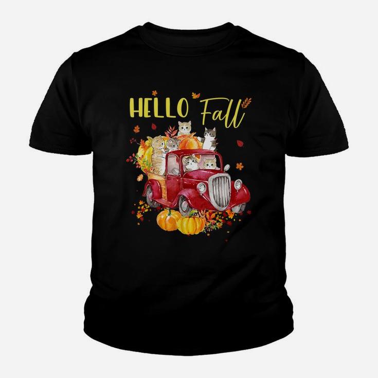 Hello Fall Truck Pumpkin Funny Cat Kitties Thanksgiving Day Youth T-shirt