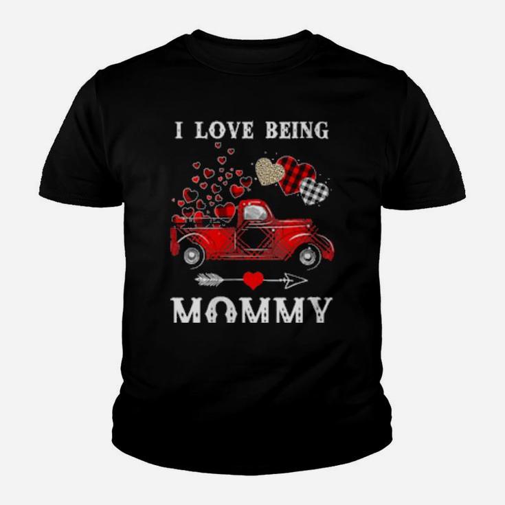 I Love Being Mommy Red Plaid Truck Hearts Valentines Day Youth T-shirt