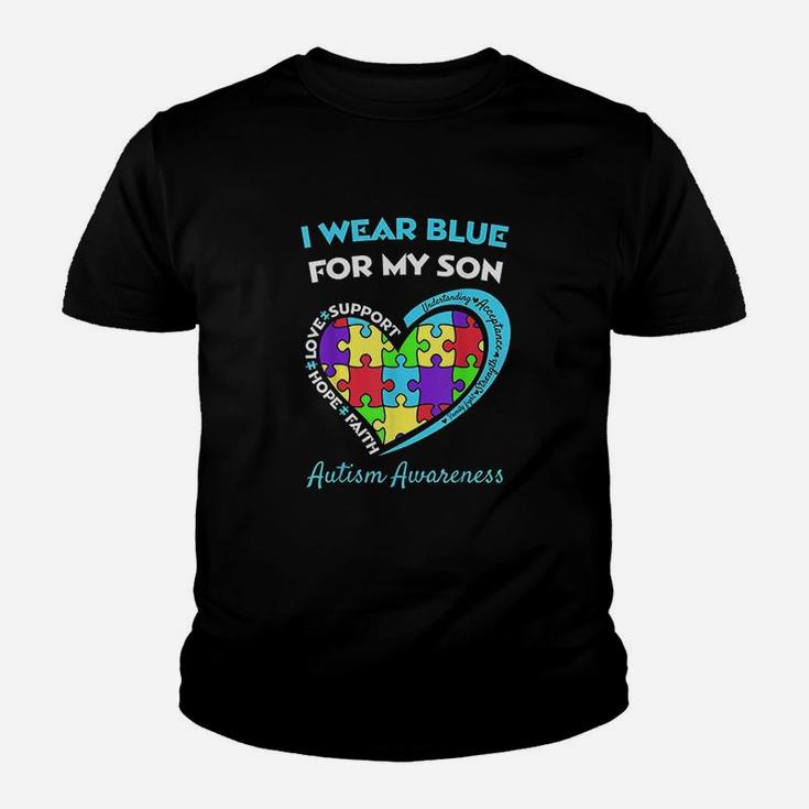 I Wear Blue For My Son Awareness Mom Dad Heart Puzzle Youth T-shirt