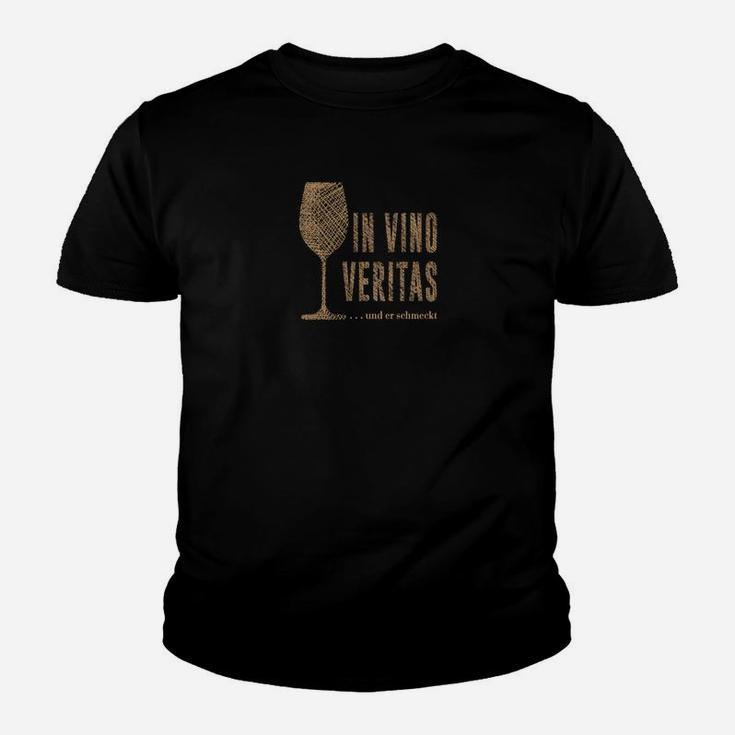 In Vino Veritas Herren Kinder Tshirt, Klassisches Weinglas-Design in Schwarz