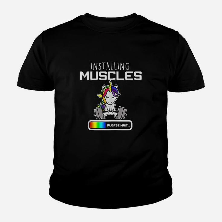 Installing Muscles  Unicorn Loading  Funny Lifting Youth T-shirt