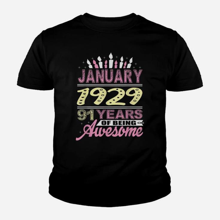 January 1929 91 Years 91St Birthday Gifts Birthday Candle Youth T-shirt