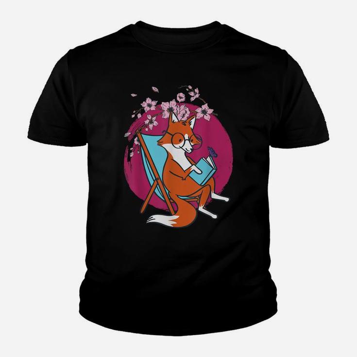 Japanese Cherry Blossom Flower Vintage Fox Book Reading Youth T-shirt