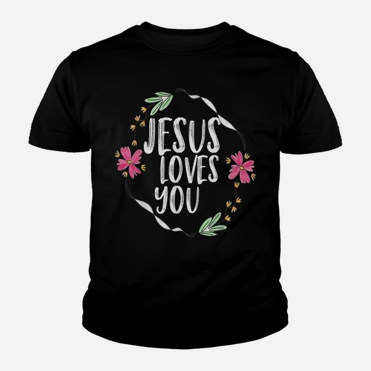Jesus Loves You With Round Flower Frame Graphic Youth T-shirt