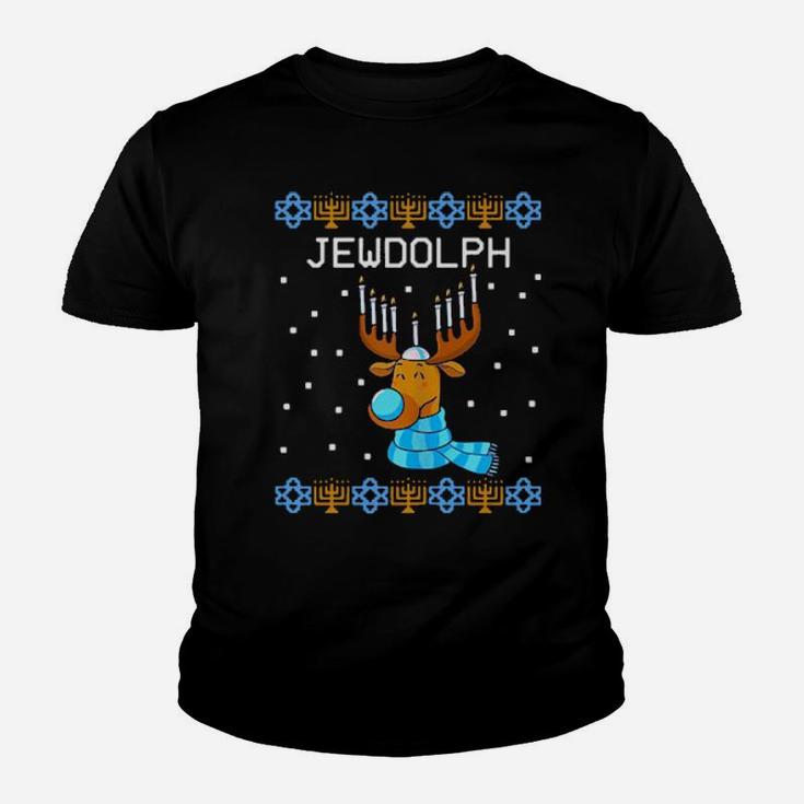 Jewdolph Ugly Hanukkah Reindeer Menorah Chanukah Youth T-shirt