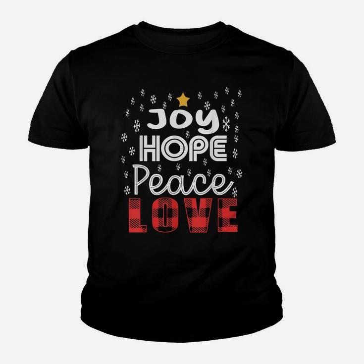 Joy Hope Peace Love Snowflakes Buffalo Plaid Text Christmas Youth T-shirt