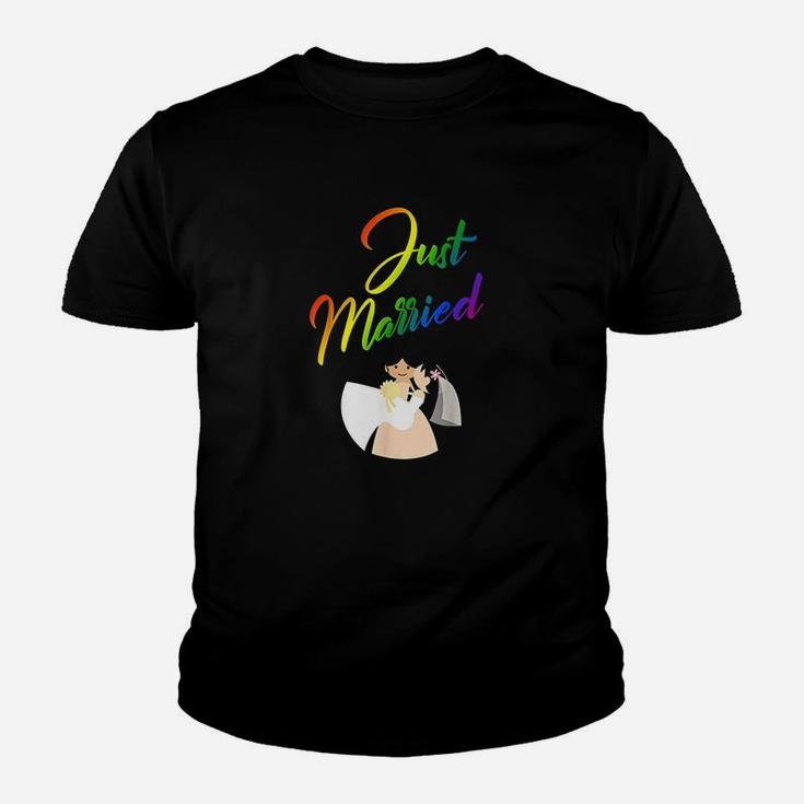 Just Married Double Bride Couple Rainbow Color Print Youth T-shirt