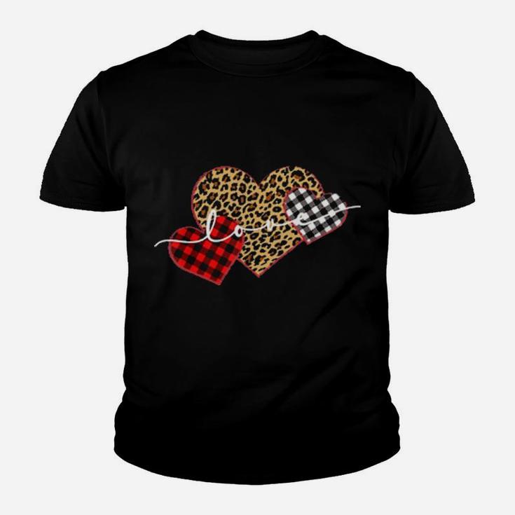 Leopard Print Buffalo Plaid Love Valentines Day Hearts Youth T-shirt