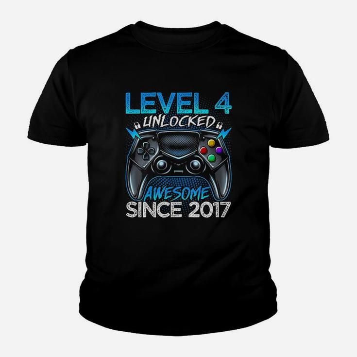 Level 4 Unlocked Awesome Since 2017 4Th Birthday Gaming Youth T-shirt