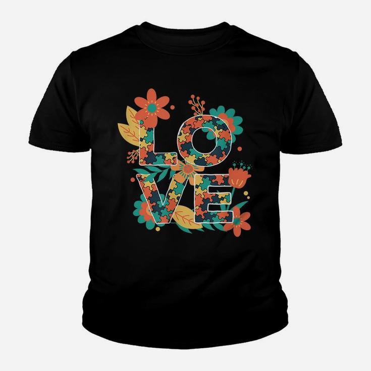 Love Autism Awareness Be Kind Puzzle Pieces And Flower Youth T-shirt