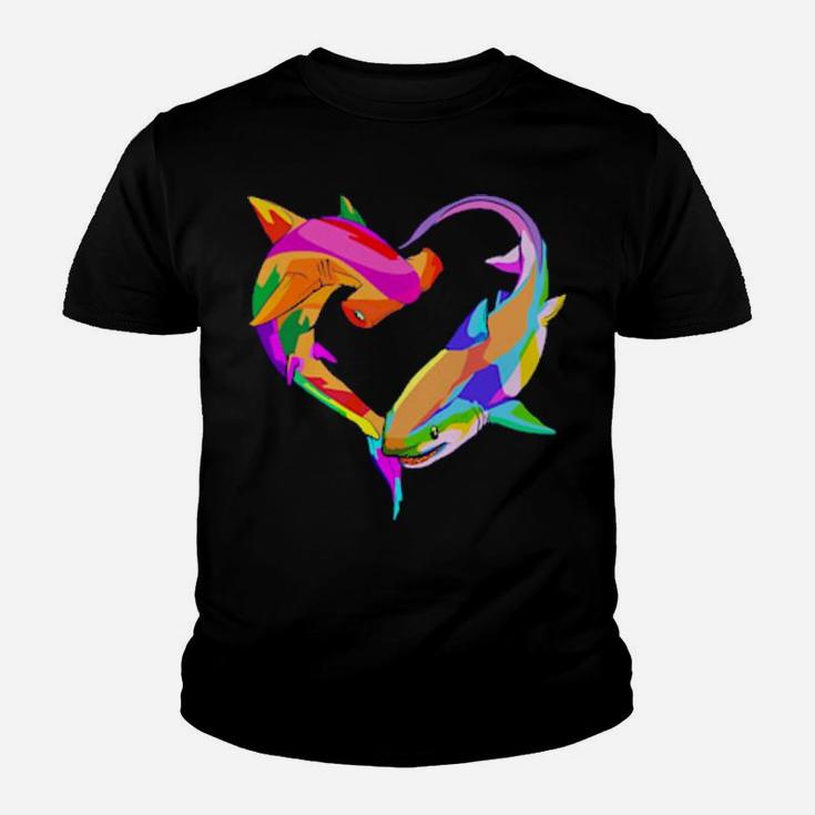 Love Heart Shark Valentine's Day I Love Sharks Colorful Youth T-shirt