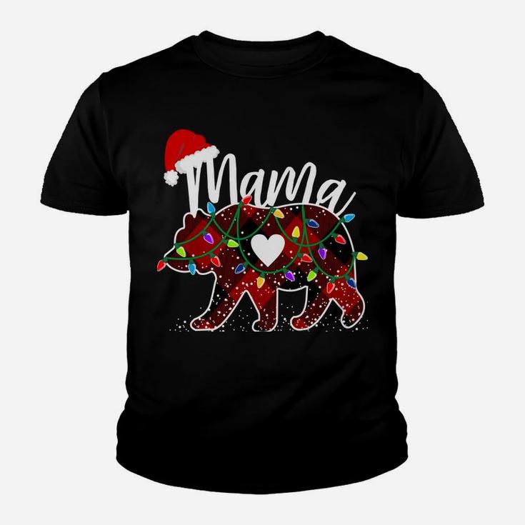 Mama Bear Christmas Red Buffalo Plaid With Santa Hat Lights Youth T-shirt