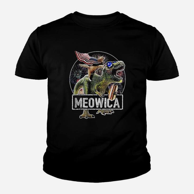 Meowica Cat T Rex Dinosaur American Flag 4Th Of July Youth T-shirt