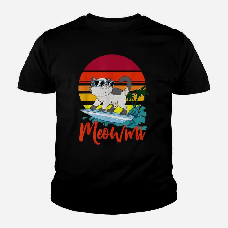 Meowmi Beach Surfing Cat Retro Sunset Ocean Coast Kitten Youth T-shirt