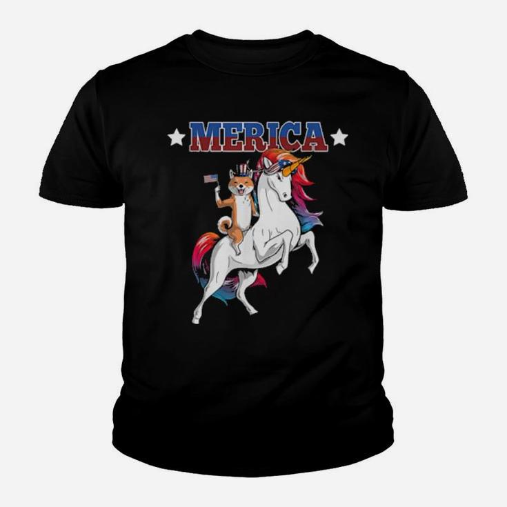 Merica Shiba Inu Dog Unicorn Usa Flag 4Th Of July Youth T-shirt