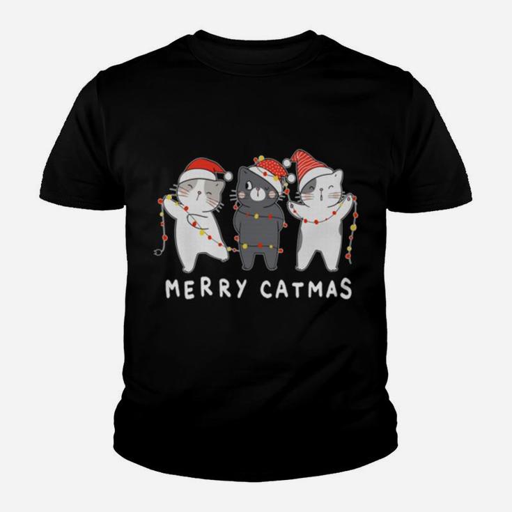 Merry Catmas Meowy Cutes Three Cat Santa Hat Christmas Sweatshirt Youth T-shirt