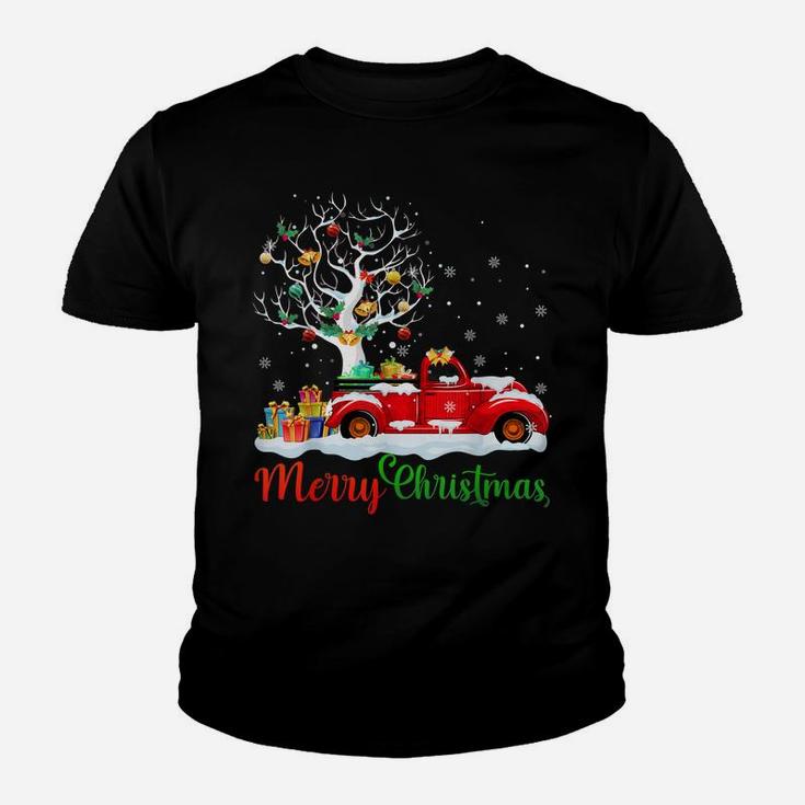 Merry Christmas Red Truck Christmas Tree Lights Snow Youth T-shirt