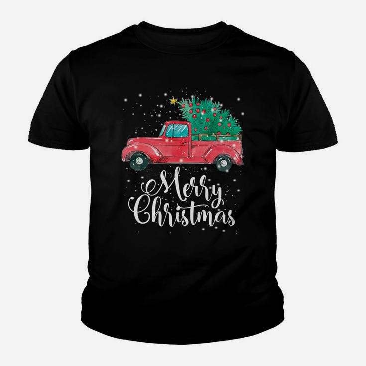 Merry Christmas Red Truck Pick Up Tree Family Pajama Gift Youth T-shirt